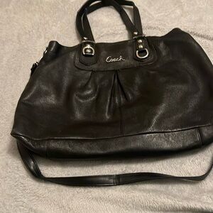 Vintage Black Coach Leather Handbag- numbered and beautiful colored lining.